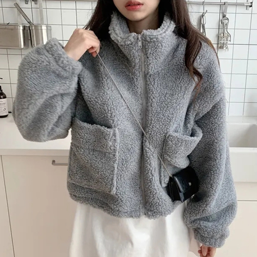 Korean chic autumn and winter new retro half-high collar zippered large pocket versatile thickened warm lamb wool jacket