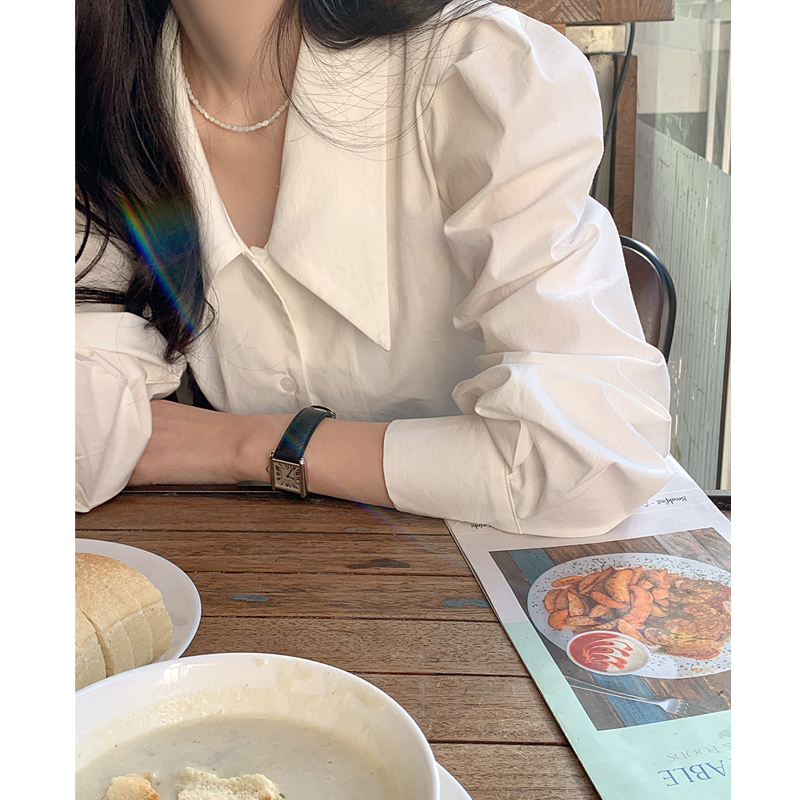 法式復古高級感洋氣氣質簡約百搭長袖打底衫泡泡袖白色襯衫上衣女