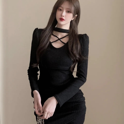 Scheming halterneck long-sleeved slim and sexy pleated dress for women  new slim fit and versatile hip-hugging skirt