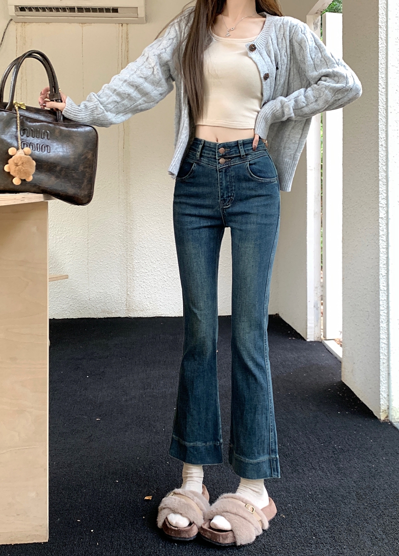 Actual shot #New stretch slim fit jeans for women, designer two-button micro-flare nine-point long pants