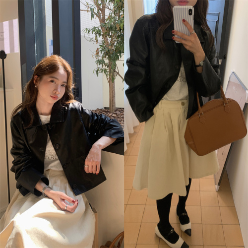 实拍 韩版法式复古黑色皮衣外套夹克