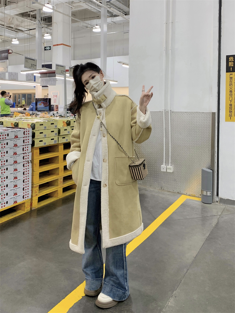 Actual shot of winter thickened long double-sided lamb plush deerskin motorcycle jacket and fur all-in-one coat
