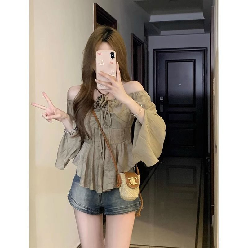 Fashionable one-shoulder long-sleeved shirt for women autumn new retro 2023 slim design chic short top trendy