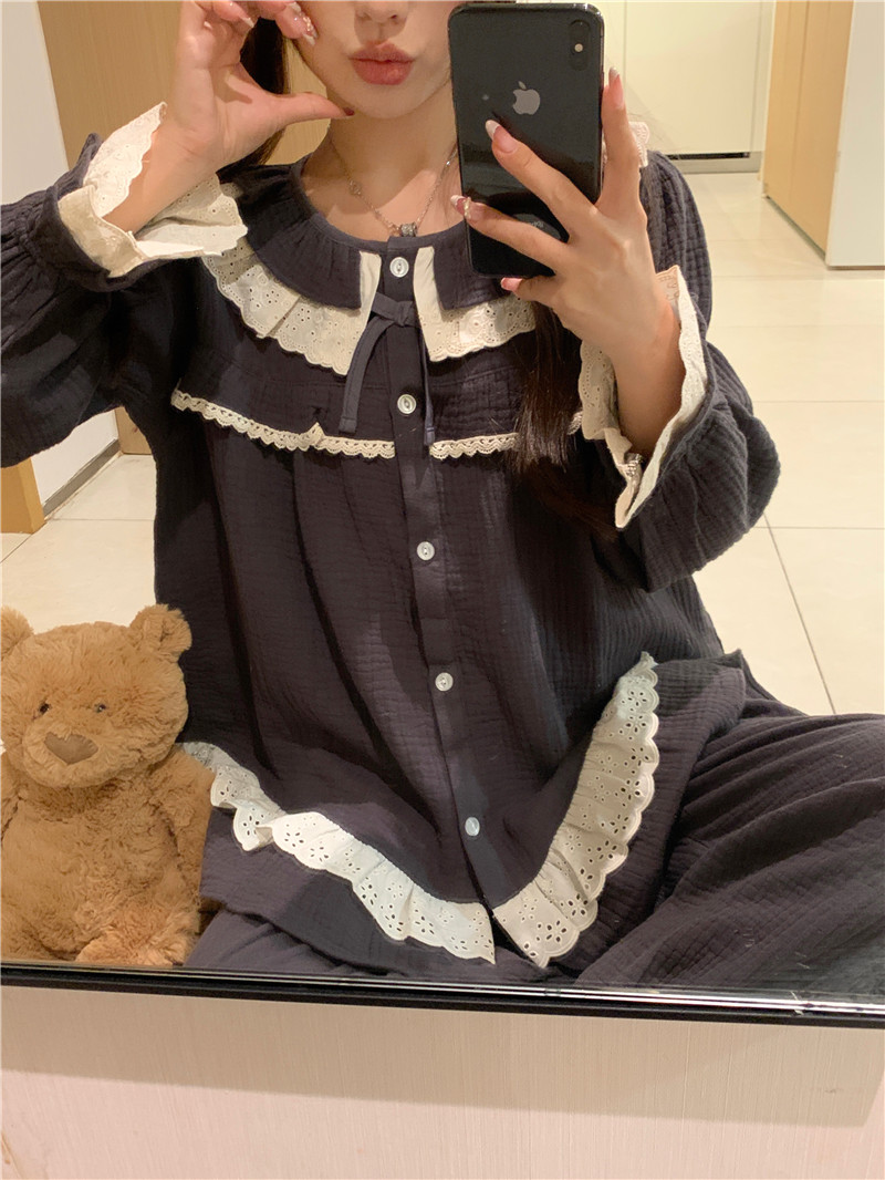 Real shot of Korean style cotton soft gauze doll collar lace princess style autumn and winter home wear set pajamas dress