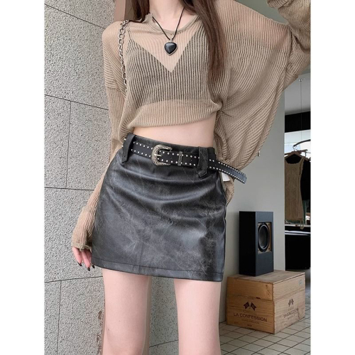 American retro pu leather skirt for women autumn  new hot girl design high waist slim hip skirt short skirt