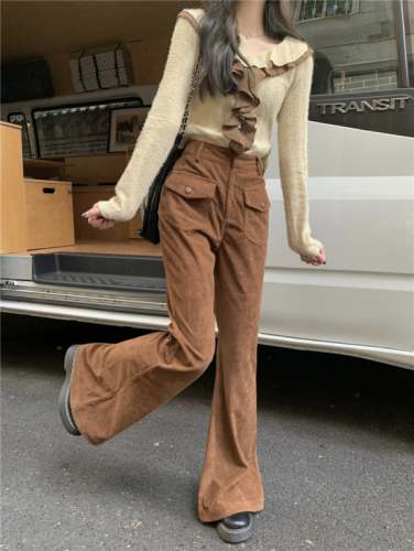 Real shot!  Autumn and winter versatile retro solid color slim long micro-flared pants for women coffee-colored corduroy casual pants