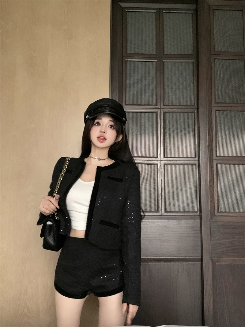 實拍小香風氣質廓形2023新款女士設計感拼接絲絨亮片短款外套