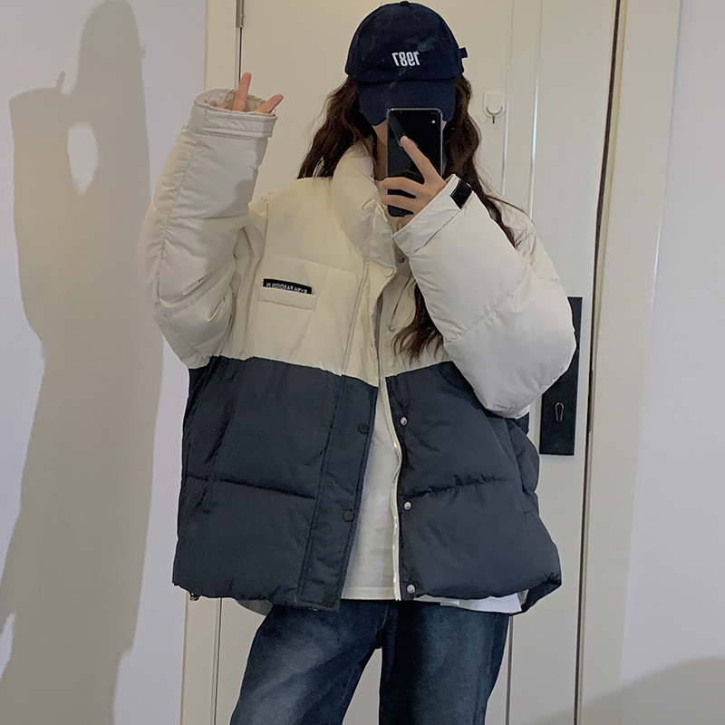 Actual shot of new winter Korean style loose contrasting color warm cotton coat zipper cardigan jacket for women