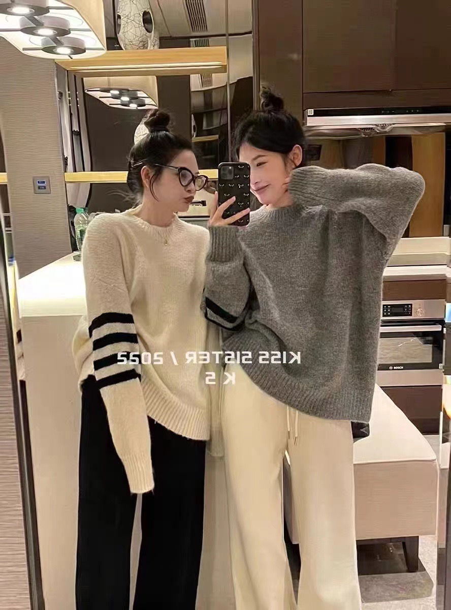 中長款圓領套頭毛衣女秋冬新款寬鬆顯瘦學院條紋針織衫上衣