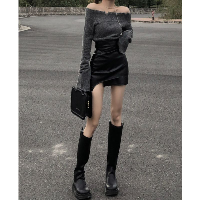 Plus size hot girl leather skirt skirt female spring and autumn 2023 fat mm high waist black hip skirt A-line short skirt PU leather skirt
