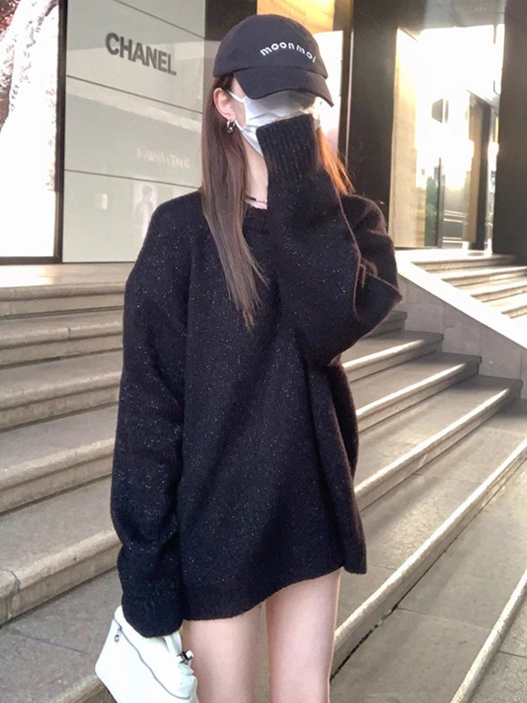 黑色軟糯寬鬆針織毛衣女秋冬季高級感慵懶風氣質百搭長袖套頭上衣