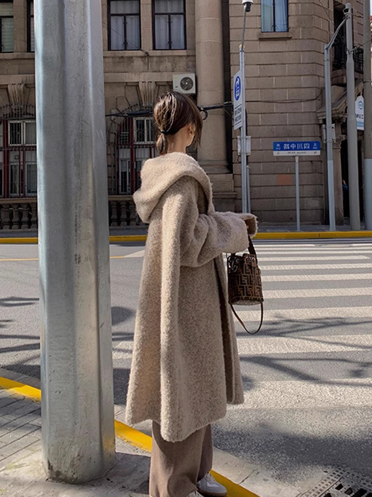 連帽針織開衫女秋冬中長款寬鬆外搭慵懶風羊絨毛衣外套浴袍大衣厚