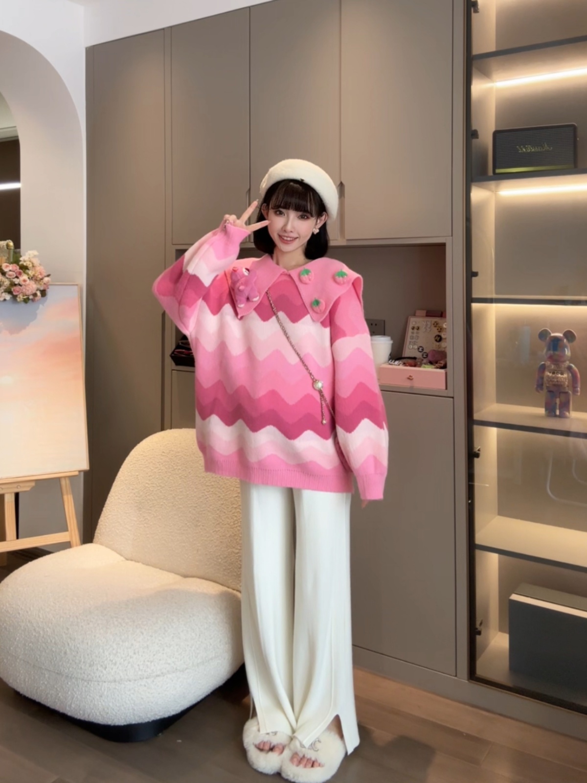 桃系熊熊娜娜的孕期穿搭孕婦秋冬裝2023新款毛上衣闊腿褲套裝