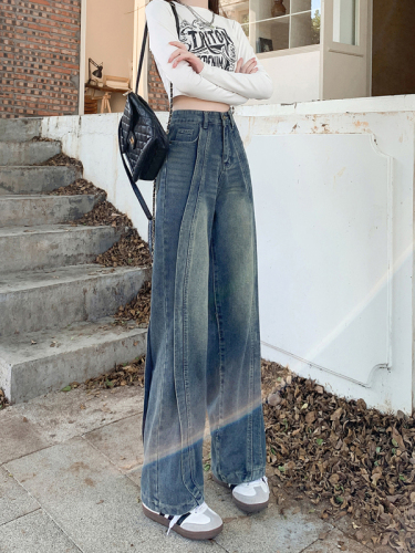 Real shot ~ American retro spliced ​​straight jeans for women in autumn new high-waisted loose slimming wide-leg pants