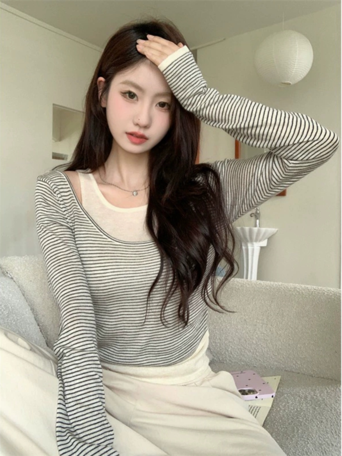 螺紋德絨假兩件條紋打底衫女秋季身顯瘦短款顯瘦上衣