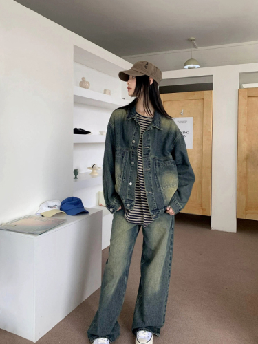 American retro washed distressed denim jacket for women spring and autumn 2023 new loose workwear jacket top ins trend