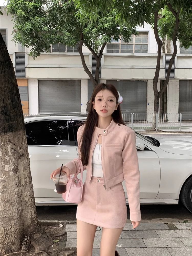 麂皮絨純欲短款設計感長袖外套半身短裙女秋冬2023新款時尚兩件套