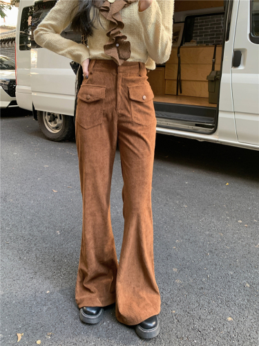 Real shot!  Autumn and winter versatile retro solid color slim long micro-flared pants for women coffee-colored corduroy casual pants