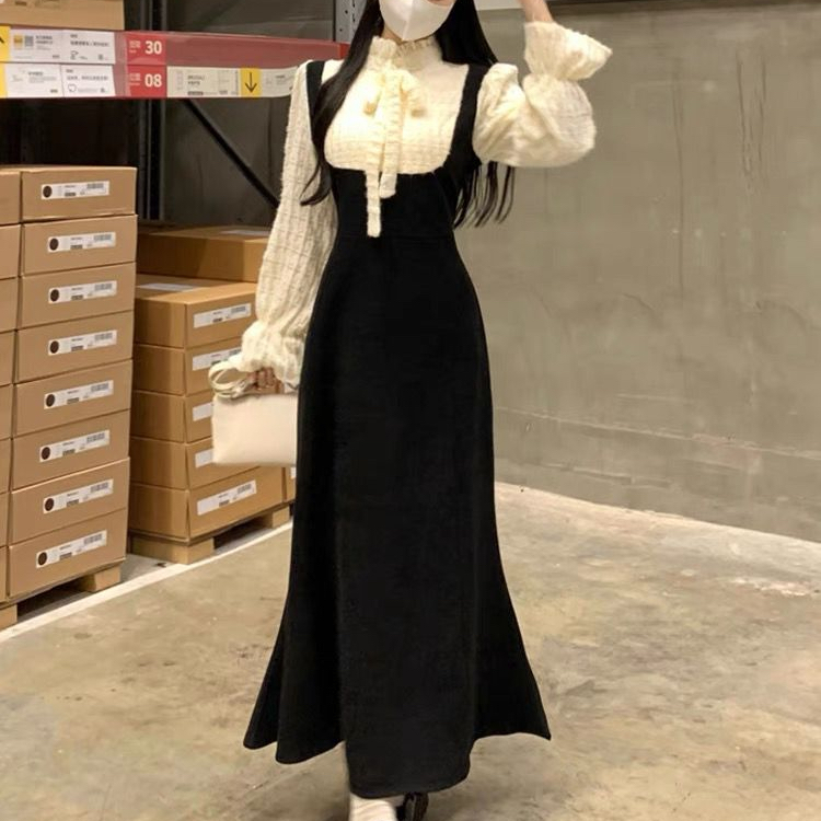 大碼女裝美式撞色寬鬆顯瘦魚尾連衣裙胖mm秋冬遮肚長袖設計感裙子