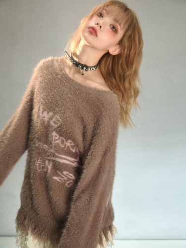 Romantic punk graffiti jacquard mink lazy pullover sweater niche design autumn and winter