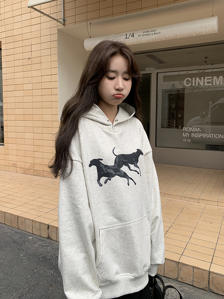 Actual shot of 2023 autumn and winter new European and American style retro street dog print hooded sweatshirt for women loose velvet top
