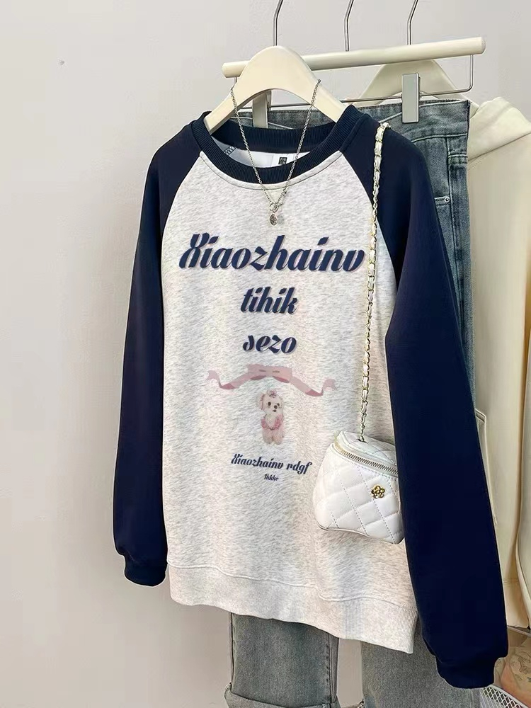 Chinese cotton composite thin 310g raglan contrast color long-sleeved sweatshirt for women Korean chic printed top