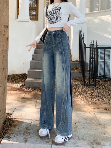Real shot of American retro spliced ​​straight jeans for women in autumn new high-waisted loose slimming wide-leg pants