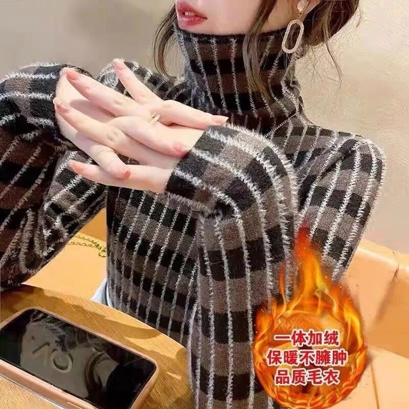 條紋高領一體絨毛衣女2023年新款加絨加厚打底衫秋冬洋氣上衣