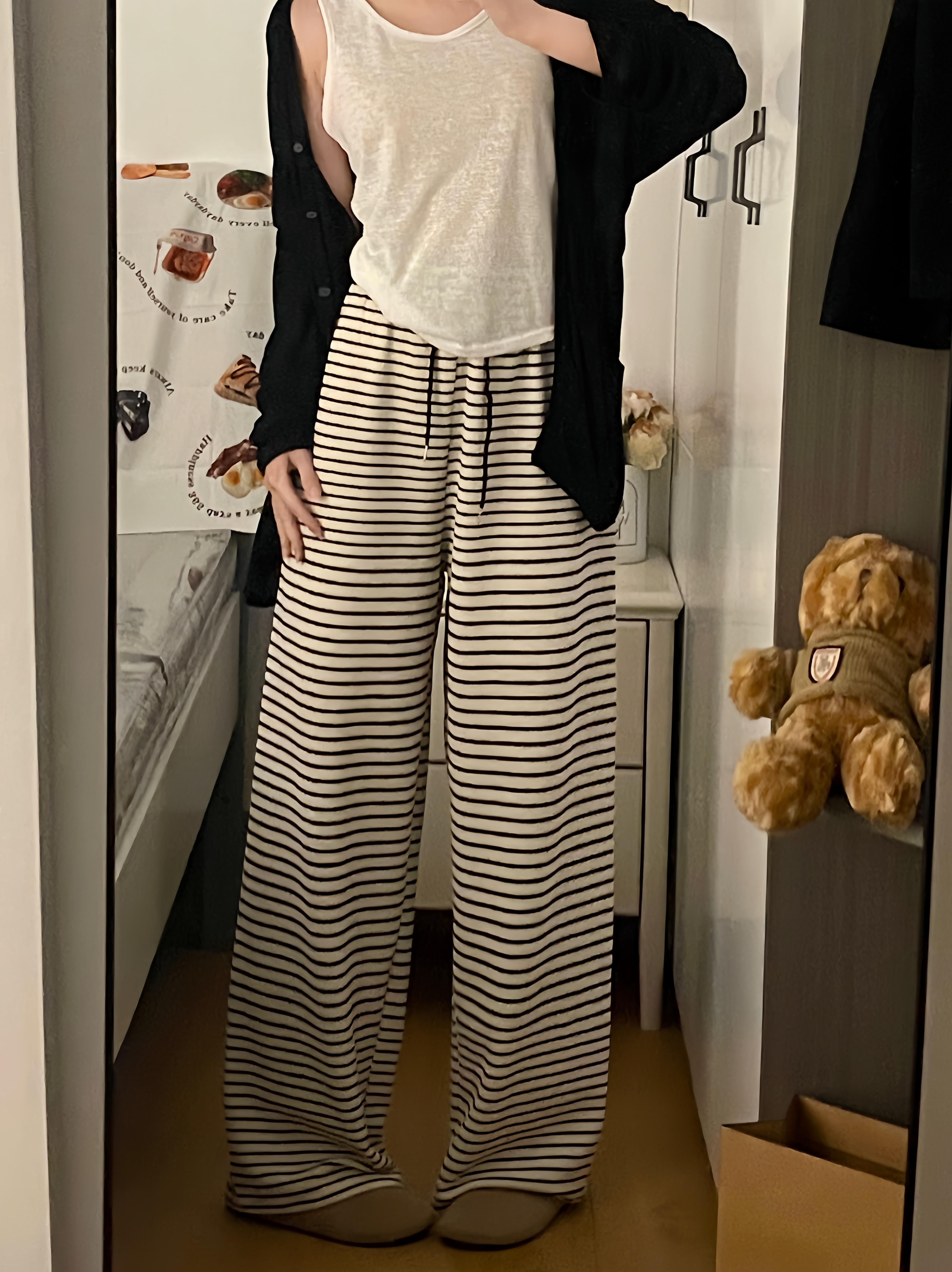 實拍~條紋直筒慵懶風休閒褲女加厚寬鬆垂感遛彎拖地毛巾褲