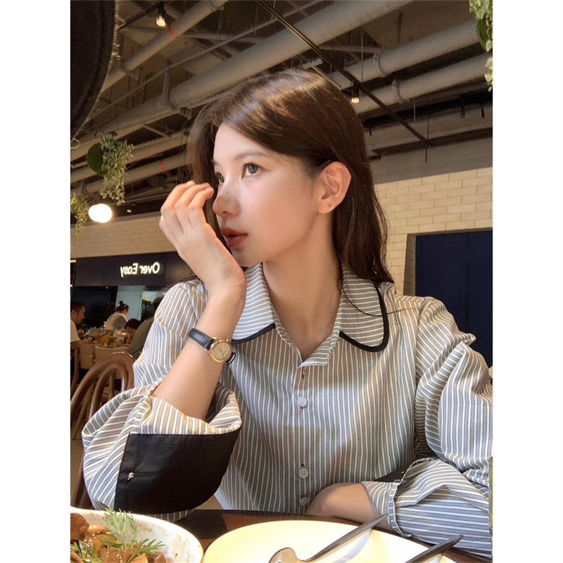 芝士兔*** 條紋襯衫女夏季新款顯瘦小個子短款襯衣百搭休閒上衣