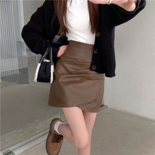 High-waisted leather skirt skirt for women autumn and winter  new large size fat mm design pleated A-line hip-hugging short skirt