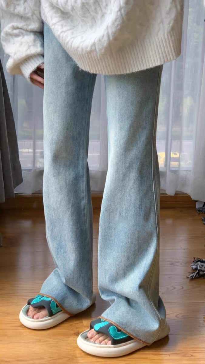 復古藍寬鬆微喇叭牛仔褲女秋冬新款高腰顯瘦垂感拖地小個子馬蹄褲