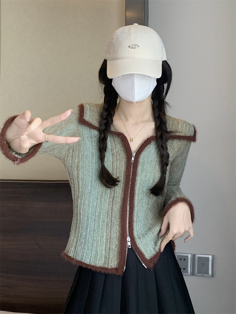 實拍~ 復古拼色雙拉鏈翻領漸變慵懶收腰顯瘦修身長袖針織開衫
