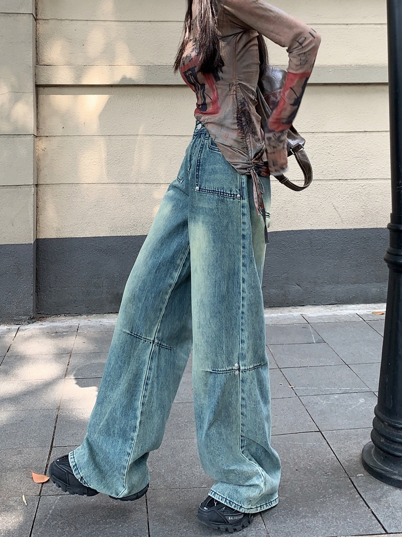 Actual shot#High-waisted wide-leg denim trousers for women, designed washed pocket straight loose floor-length trousers