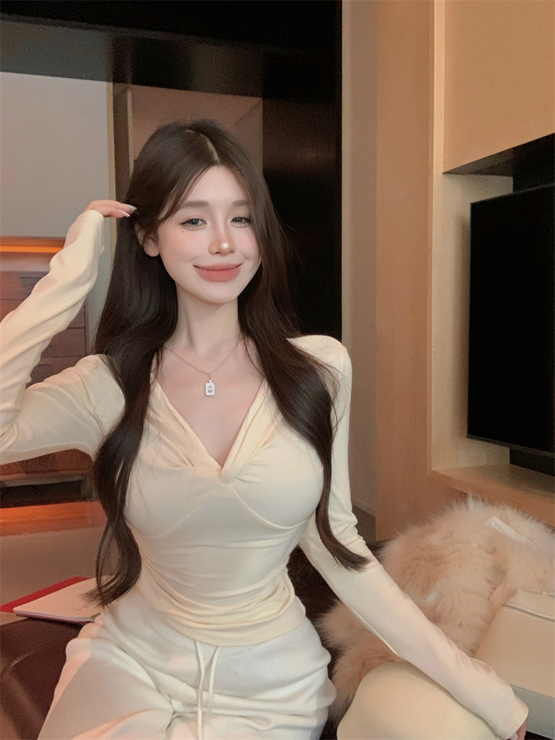 實拍 超韓V領長袖交叉顯瘦褶皺上衣打底衫女