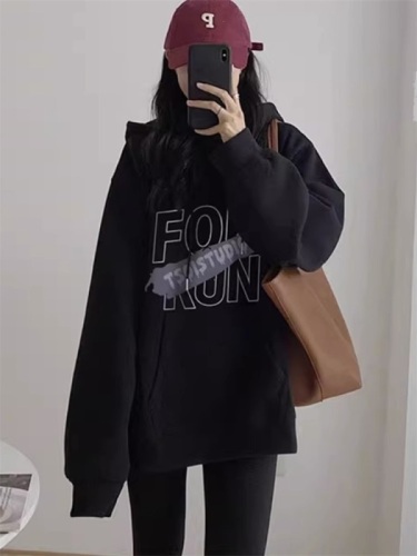 Black hooded sweatshirt for women  autumn and winter new style velvet loose casual jacket printed mid-length pullover top