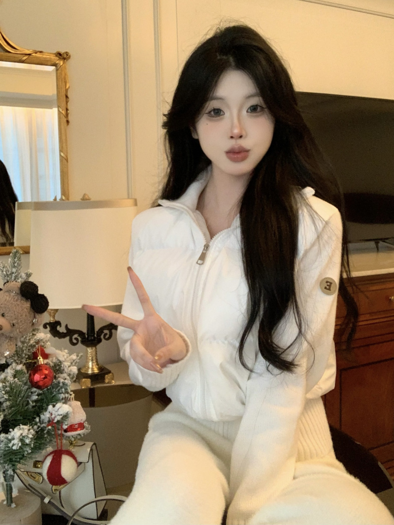 實拍~白色拼接袖子棉服女冬季新款外套