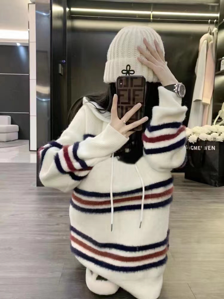 韓版慵懶風撞色條紋毛衣女秋冬2023新款高級感超好看寬鬆連帽外套