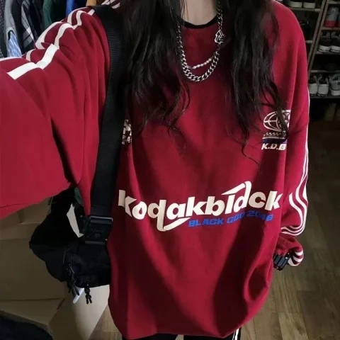 美式復古三槓條紋圓領衛衣女春秋寬鬆無帽oversize長袖小個子上衣