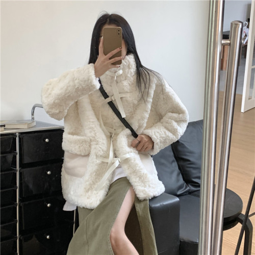 Actual shot of new winter Korean style fashionable thickened warm lamb wool jacket loose for women