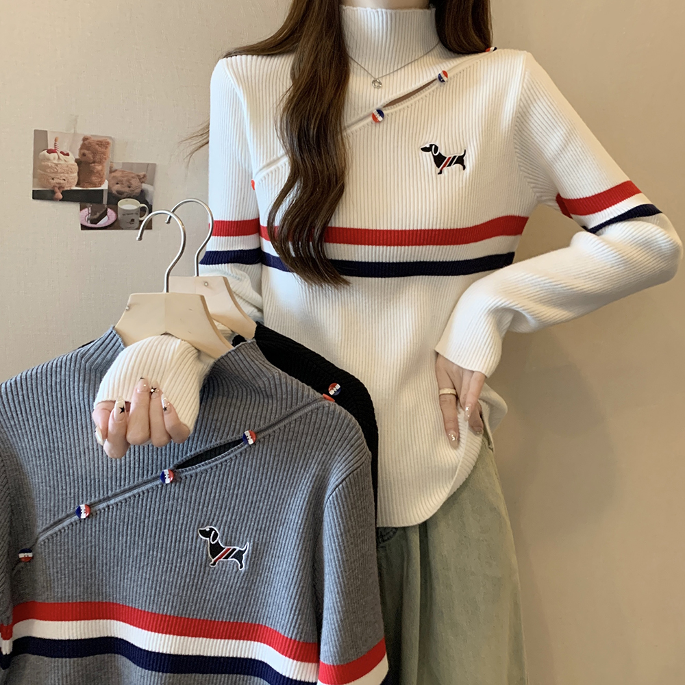 實拍大碼女裝2023秋冬新款條紋卡通刺繡百搭毛衣顯瘦遮肉針織衫