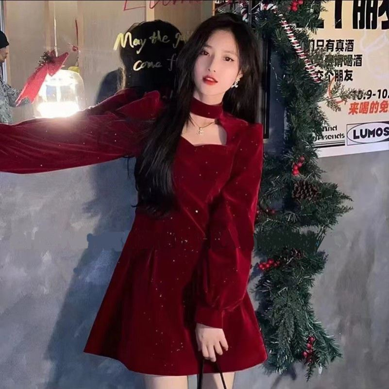 Fine glitter velvet dress for women 2023 spring and autumn new high-end temperament elegant red waist slimming A-line skirt