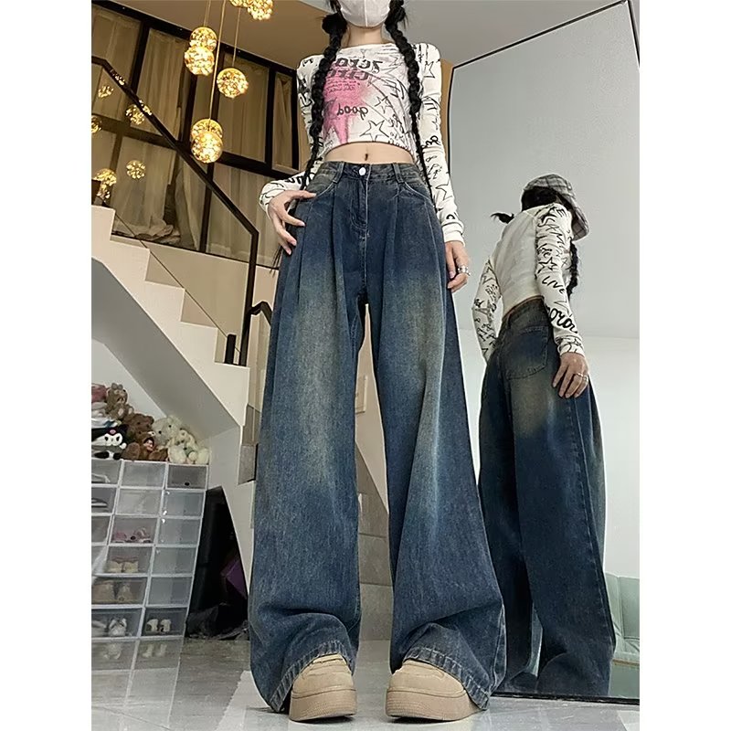 Hong Kong style retro washed jeans women's spring and autumn high waist design niche trousers loose straight wide leg trousers