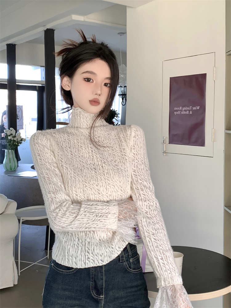Real shot!  New lace bottoming T-shirt for women with stylish design, long-sleeved inner bottoming top