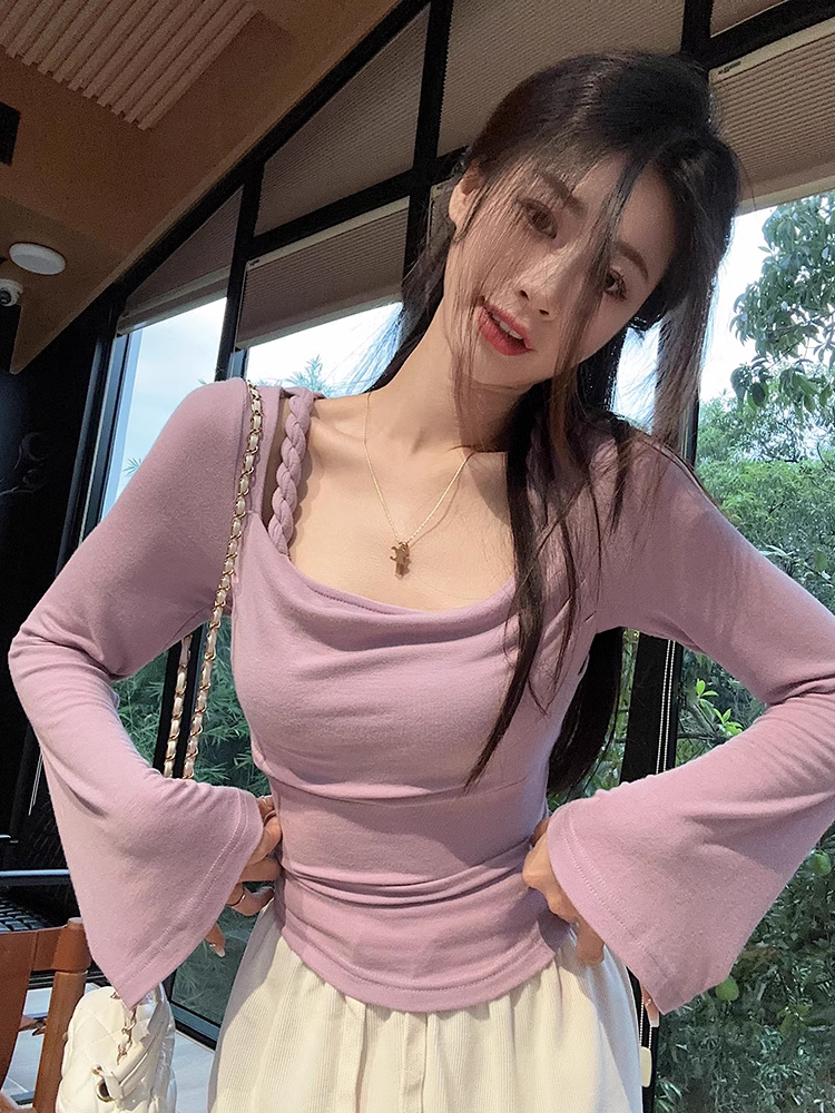 1*1 Cut as you like, 260 grams, bell-sleeved T-shirt for women, Korean version, new design, slimming, long-sleeved top