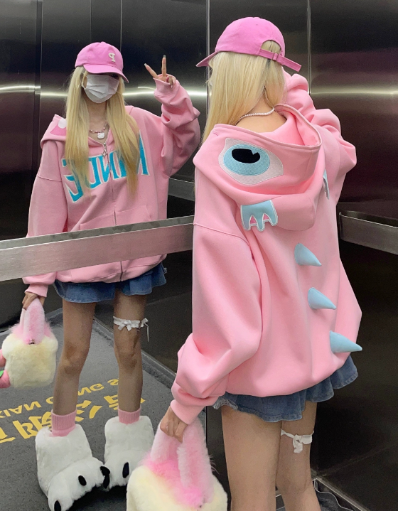 ins fun dinosaur lettering sweet cool style jacket Chinese cotton polyester milk silk hooded sweatshirt for women