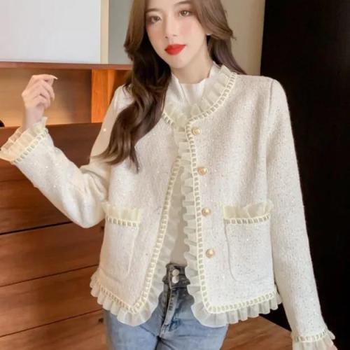 Autumn and winter retro mesh splicing tweed top lady's small fragrance style short jacket M-4XL 200 pounds