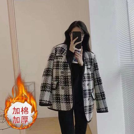 French high-end winter clothing, super nice-looking plus velvet and thickened tweed plaid jacket, small fragrance style M-4XL 200 pounds