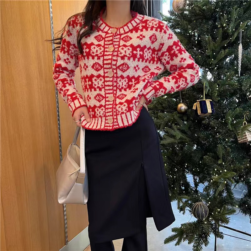 2023韓國chic寬鬆慵懶風高級感聖誕紅色針織開衫毛衣女