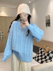 Real shot of loose large V-neck solid color sweater autumn and winter pullover lazy style knitted sweater top jacket